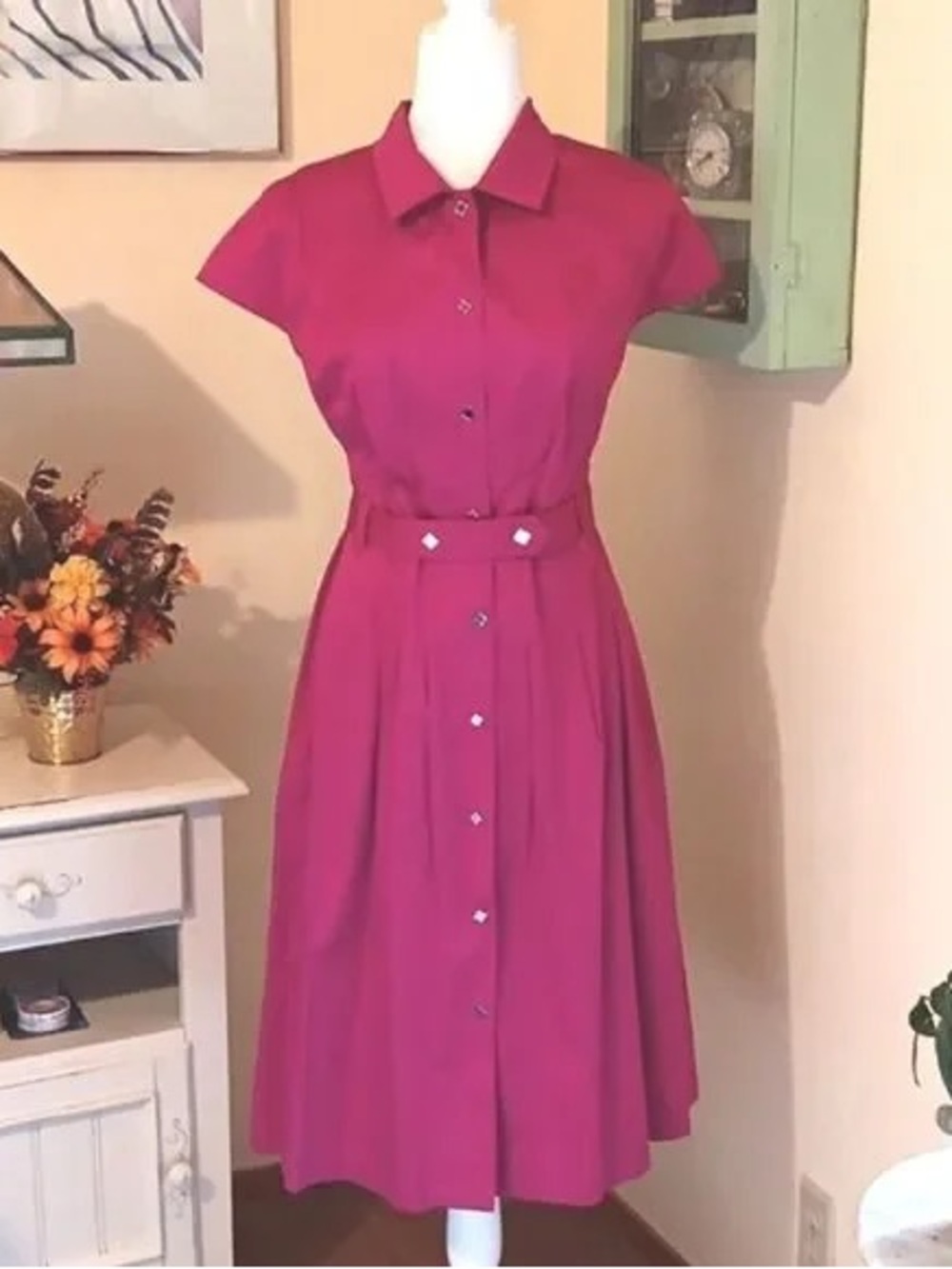 ALFANI retro snap belted, cap sleeve magenta dress 14 NWT